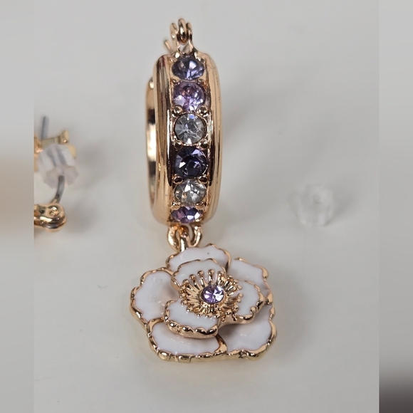 Guess Elegant Gold Tone Tan Enamel Purple Stones  Floral Hoop Earrings - Picture 8 of 16